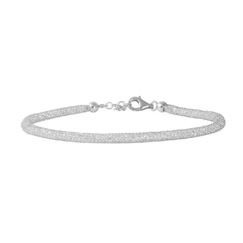 Clearance-Silver 925 Rhodium Plated Mesh Embedded CZ Slim Italian Bracelet - ECB00046RH