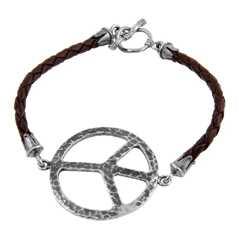 Clearance-Oxidized 925 Sterling Silver Peace Sign on a Leather Strap Bracelet - OXB00012