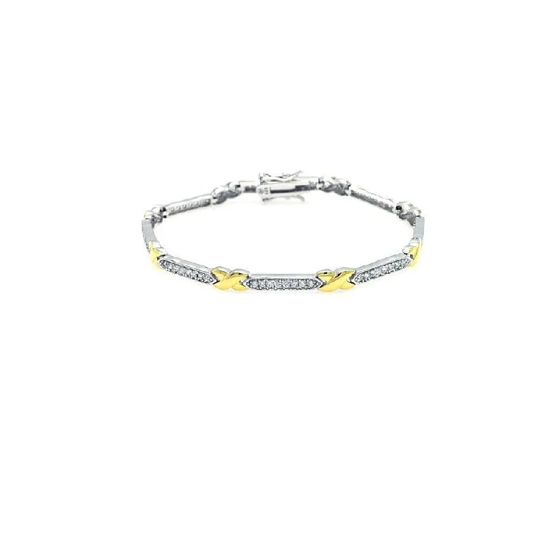 Silver 925 Rhodium and Gold Plated Two Tone Clear CZ Tennis Bracelet - STB00376