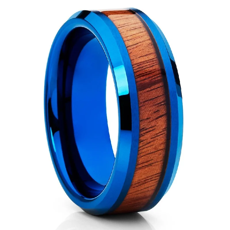 Koa Wood Tungsten Wedding Ring 8Mm Blue Comfort Fit Cobalt Free Engagement Ring