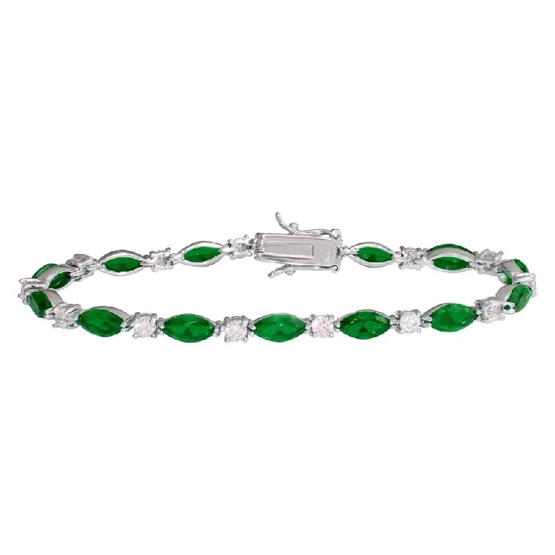 Rhodium Plated 925 Sterling Silver Alternating Green Oval CZ and Clear Round CZ Tennis Bracelet - BGB00326GRN