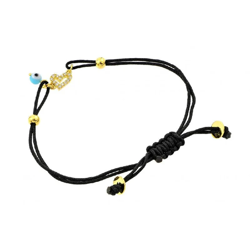 Silver 925 Gold Plated Evil Eye Dangling CZ Black Cord Bracelet - BGB00193