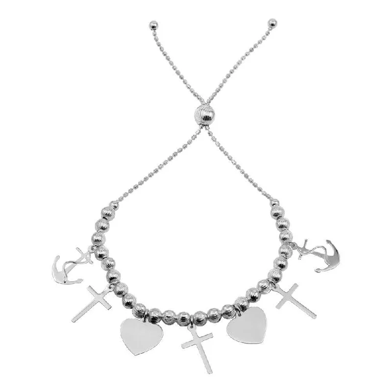 Rhodium Plated 925 Sterling Silver Heart, Cross, and Rhodium Charm Bracelet - DIB00040RH