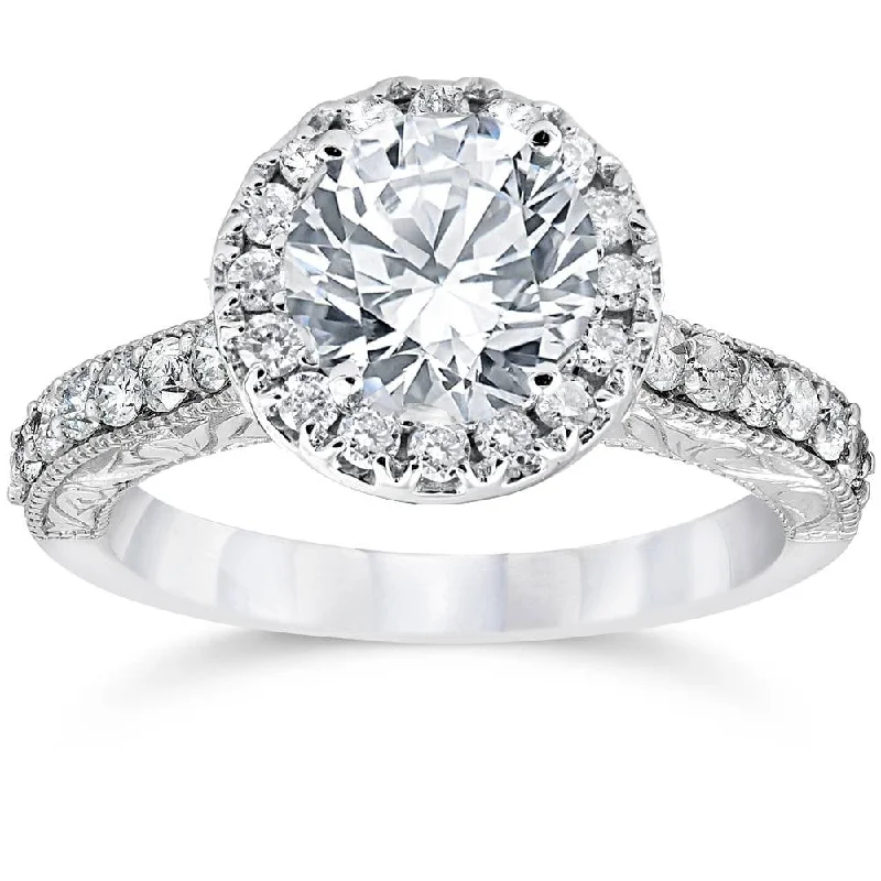 2ct Vintage Enhanced Diamond Halo Engagement Ring White Gold Engraved Detail