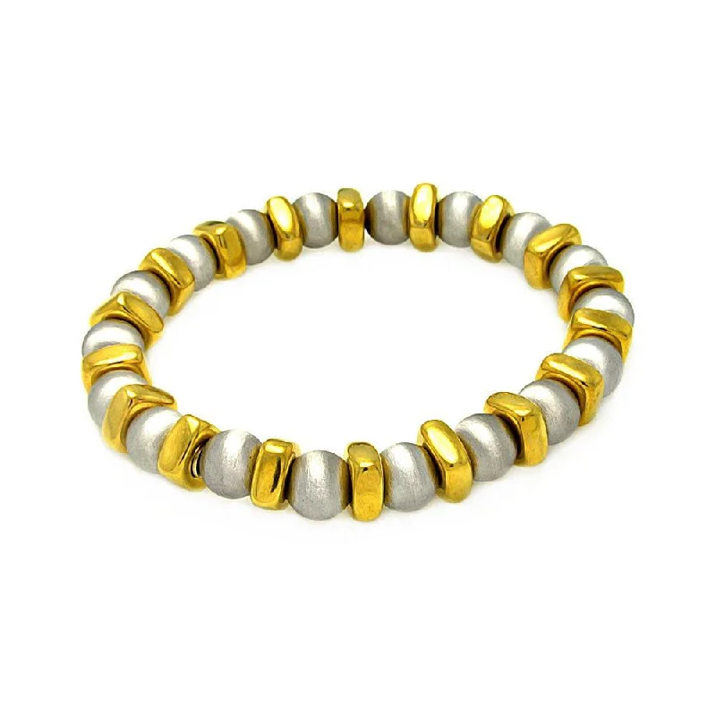 Clearance-Silver 925 Rhodium and Gold Plated Stretchable Bar and Bead Italian Bracelet - ITB00093GP