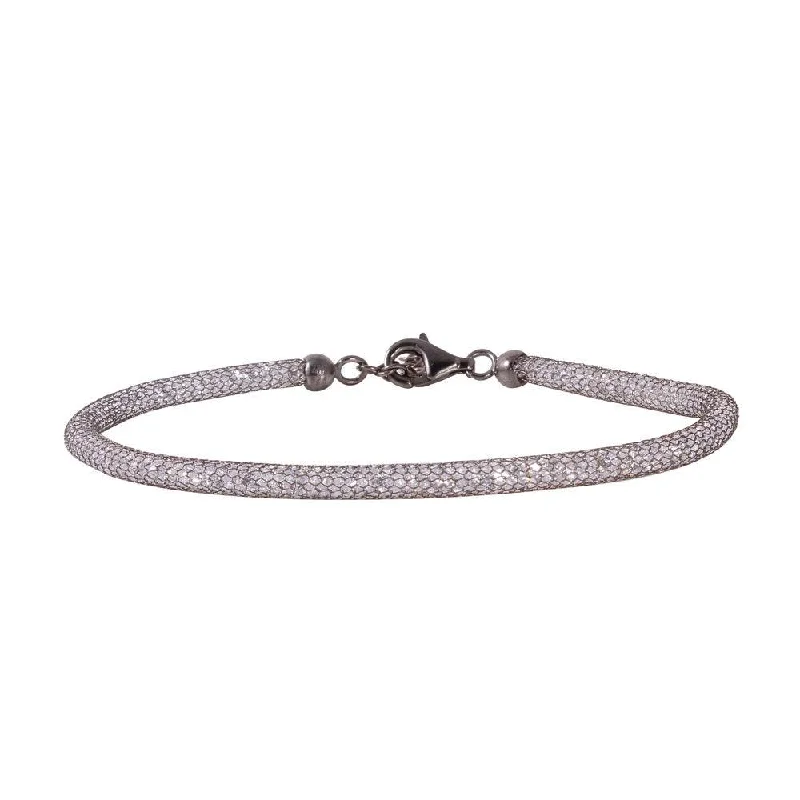 Clearance-Silver 925 Black Rhodium Plated Mesh Embedded CZ Slim Italian Bracelet - ECB00046BL