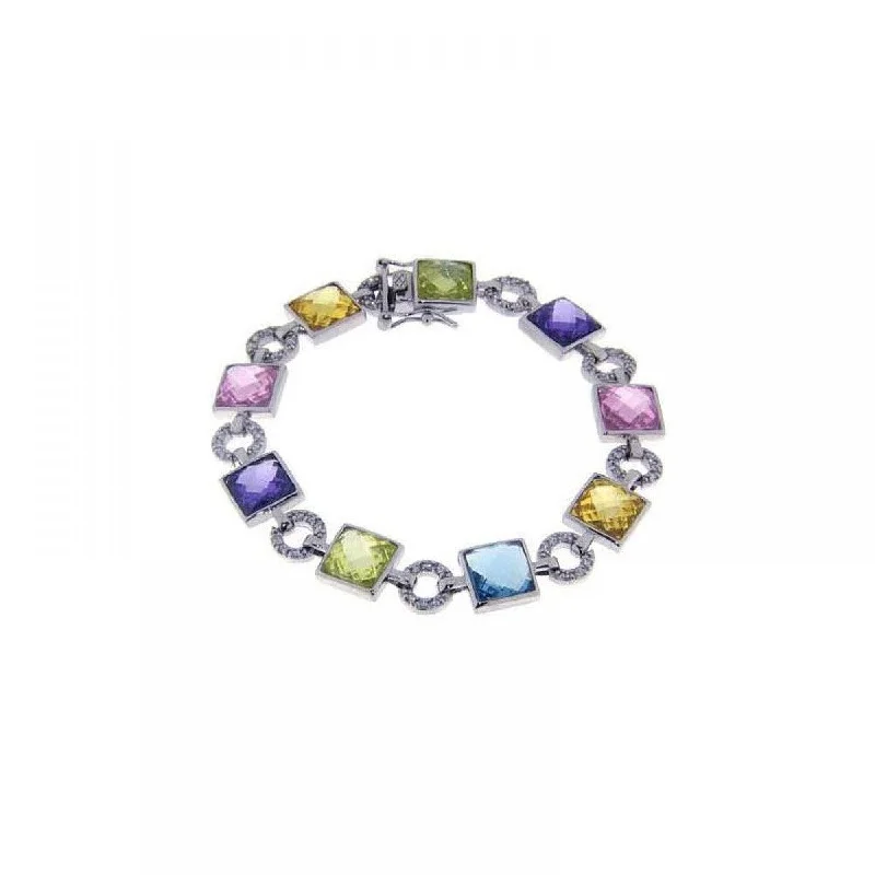 Silver 925 Rhodium Plated Multi Color Square and Circle Bracelet - STB00296