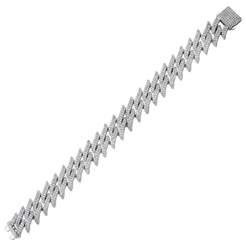 Rhodium Plated 925 Sterling Silver Hollow CZ Encrusted Spike Barbed Wire Bracelet 17.9mm - GMB00098