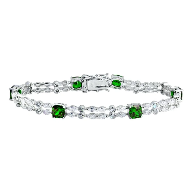 Rhodium Plated 925 Sterling Silver 2 Row Clear and Green CZ Tennis Bracelet - BGB00332GRN