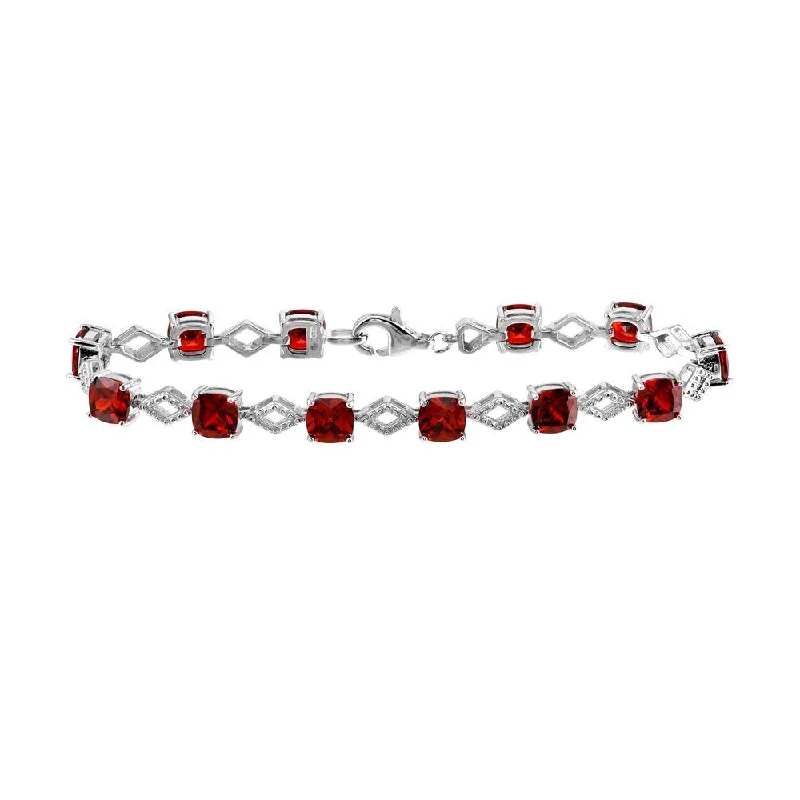 Rhodium Plated 925 Sterling Silver Red CZ Link Bracelet - BGB00331RED