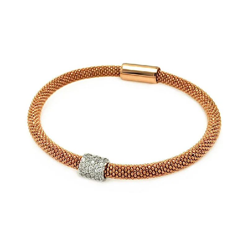 Clearance-Silver 925 Rose Gold and Rhodium Plated Bar Clear CZ Beaded Italian Bracelet - ITB00096RGP