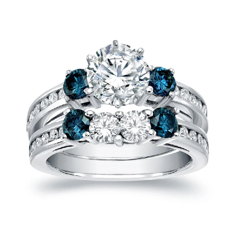 Auriya 14k Gold 2 3/4ctw Modern 3-Stone Blue Diamond Engagement Ring Set Certified