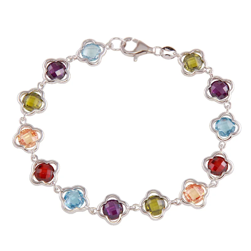 Rhodium Plated 925 Sterling Silver Multi-Color Flower Bracelet - BGB00308