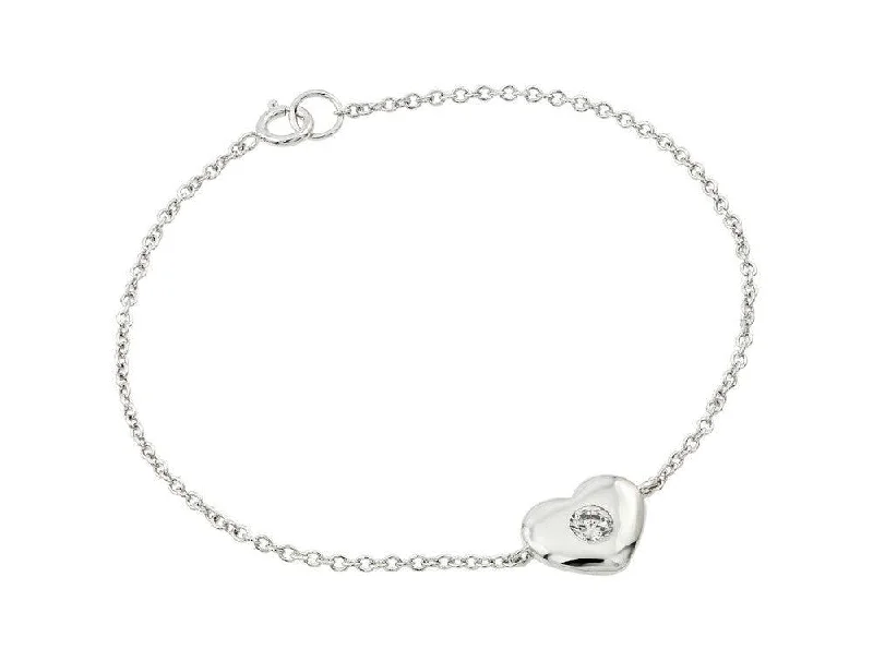 Silver 925 Rhodium Plated Single Heart Clear Center CZ Bracelet - BGB00203