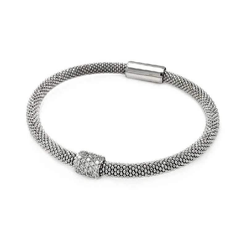 Clearance-Silver 925 Rhodium Plated Bar Clear CZ Beaded Italian Bracelet - ITB00096RH