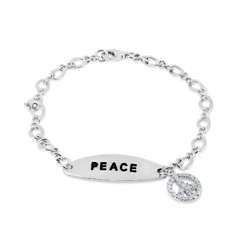 Clearance-Rhodium Plated 925 Sterling Silver Peace Charm CZ Bracelet - STB00317