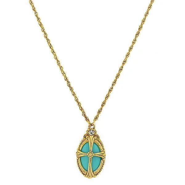 Symbols Of Faith Imitation Turquoise Oval Pendant Necklace 20"