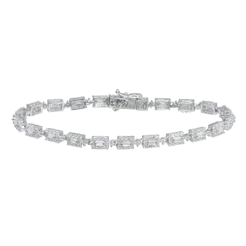 Rhodium Plated 925 Sterling Silver 4mm Square Baguette Center CZ Tennis Bracelet - GMB00065