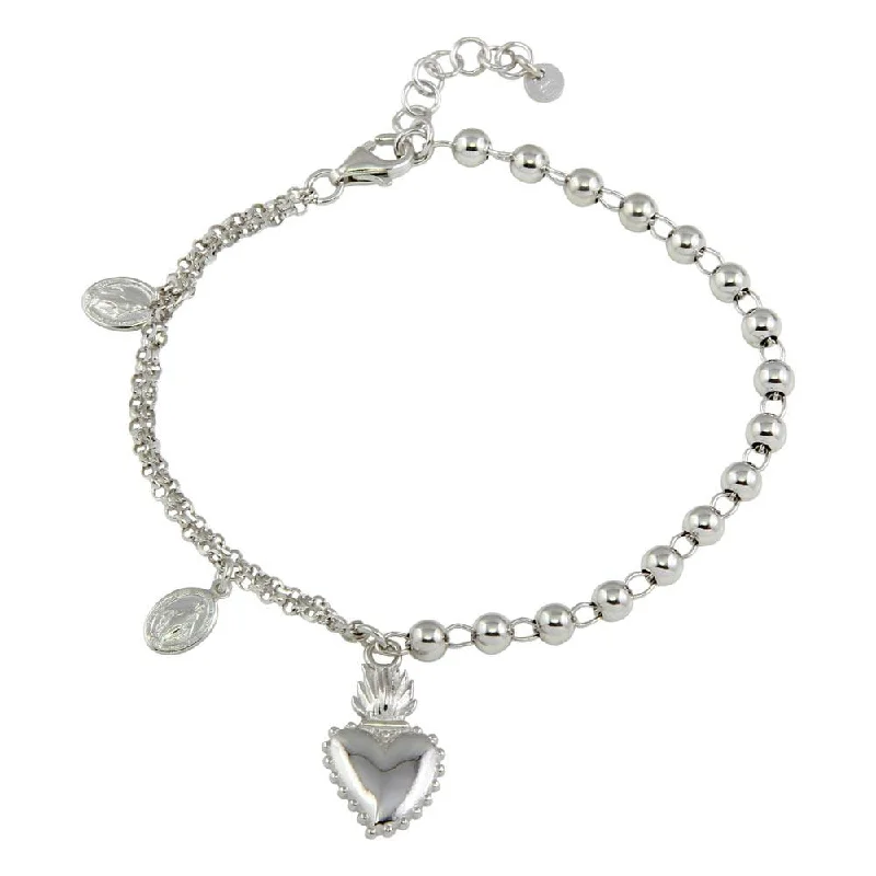 Rhodium Plated 925 Sterling Silver Lady of Guadalupe Bead Bracelet with Heart Charms - ARB00036RH