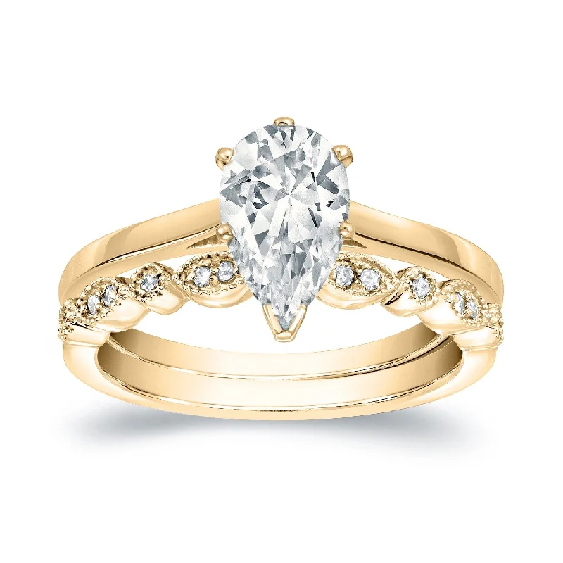 Auriya 14k Gold 1ctw Vintage Pear Shape Solitaire Diamond Engagement Ring Set