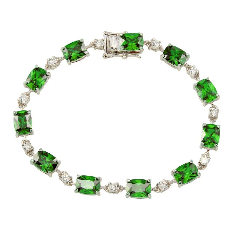 Rhodium Plated 925 Sterling Silver Clear and Green CZ Tennis Bracelet - BGB00312GRN