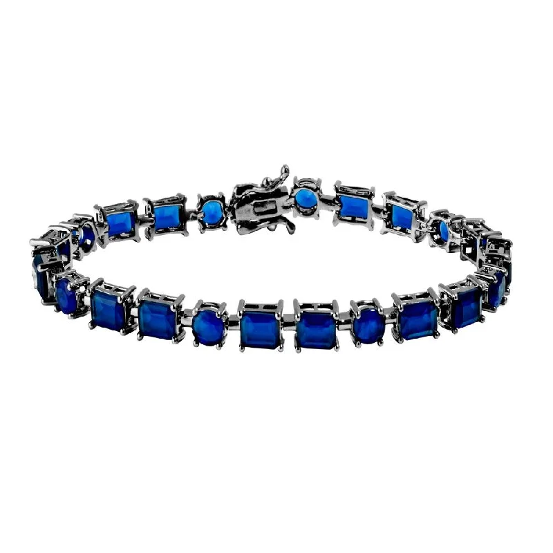 Black Rhodium Plated 925 Sterling Silver Blue Synthetic Rectangle and Oval CZ Bracelet - GMB00051BLK-SEP