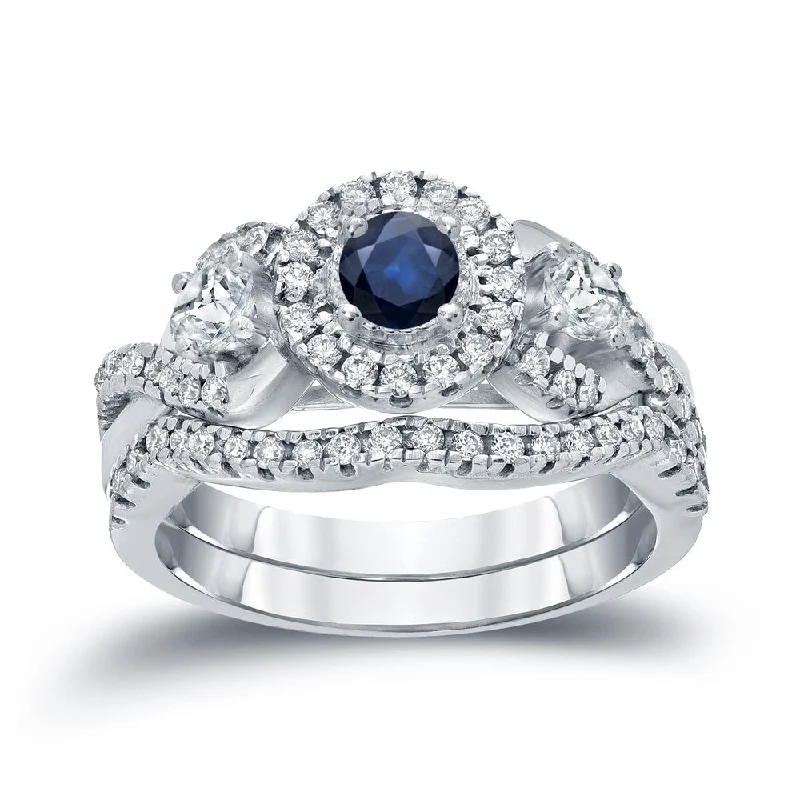 14k Gold 1/5ct Sapphire and 3/5ct TDW Halo Diamond Engagement Ring Set by Auriya