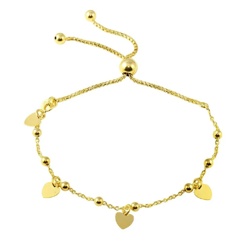 Gold Plated 925 Sterling Silver Box Chain Multi Heart and Bead Lariat Bracelet - ECB00127GP