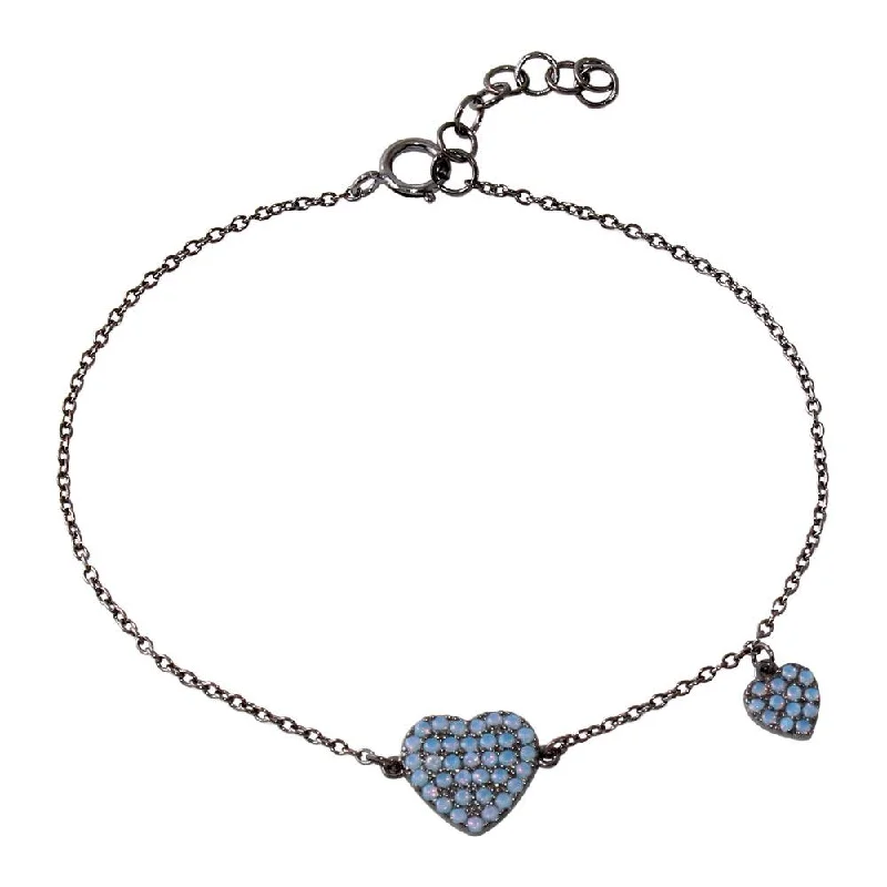 Black Rhodium Plated 925 Sterling Silver Big Heart with Opal and Dangling Small Heart with Opal Lariat Bracelet - BGB00294