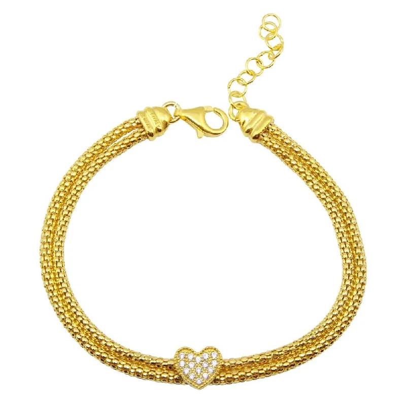 Gold Plated 925 Sterling Silver Heart and Double Chain Bracelet with CZ - ARB00016GP