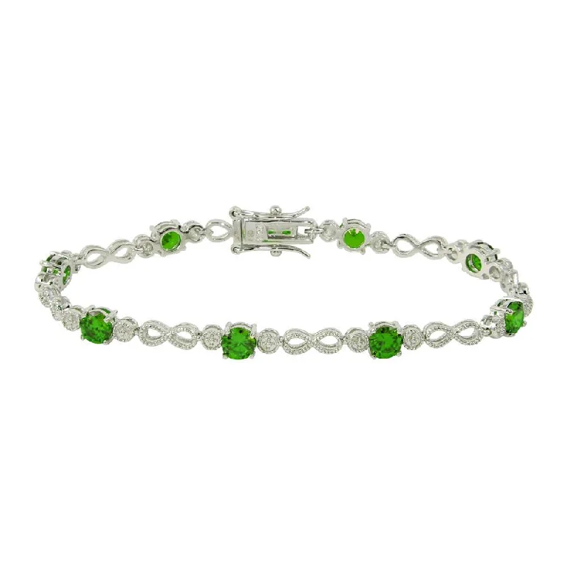 Rhodium Plated 925 Sterling Silver Green CZ Infinity Tennis Bracelet - BGB00313GRN