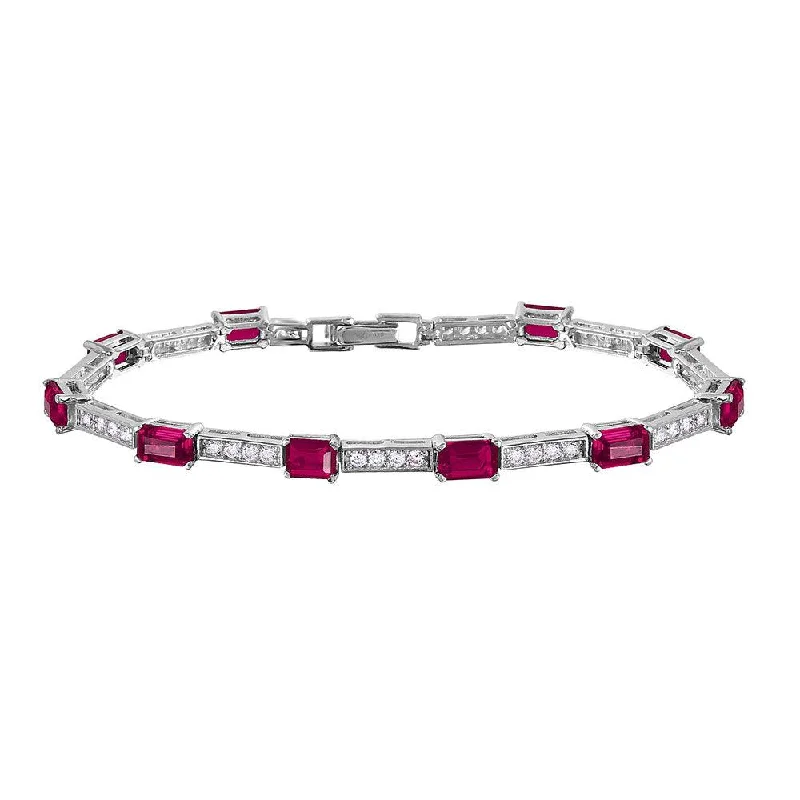 Rhodium Plated 925 Sterling Silver Multi Square Clear and Ruby CZ Tennis Bracelet - GMB00032RH-JULY