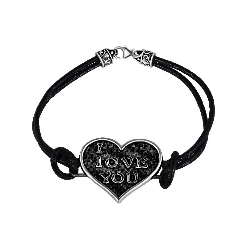 Clearance-Silver 925 Oxidized I LOVE YOU Heart Leather Bracelet - OXB00006