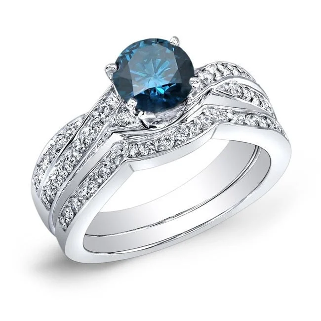 Auriya 14k Gold 3/4ctw Twisted Round Blue Diamond Engagement Ring Set