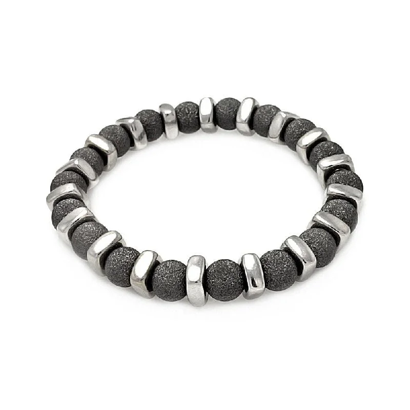 Clearance-Silver 925 Black Rhodium Plated Shiny Bead Bar Stretchable Italian Bracelet - ITB00089BLK