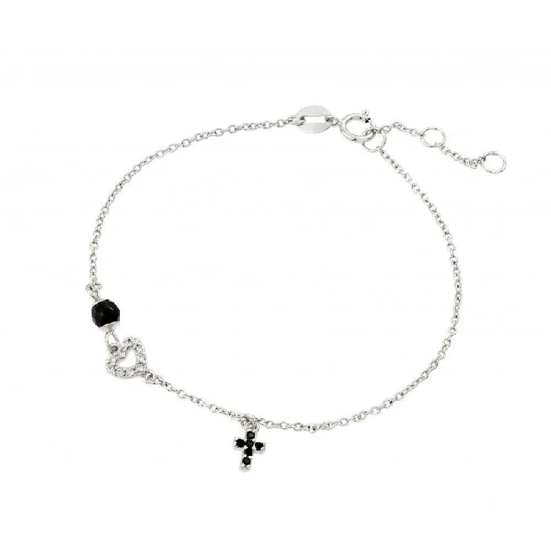 Silver 925 Rhodium Plated Onyx Cross Heart Bracelet - BGB00226