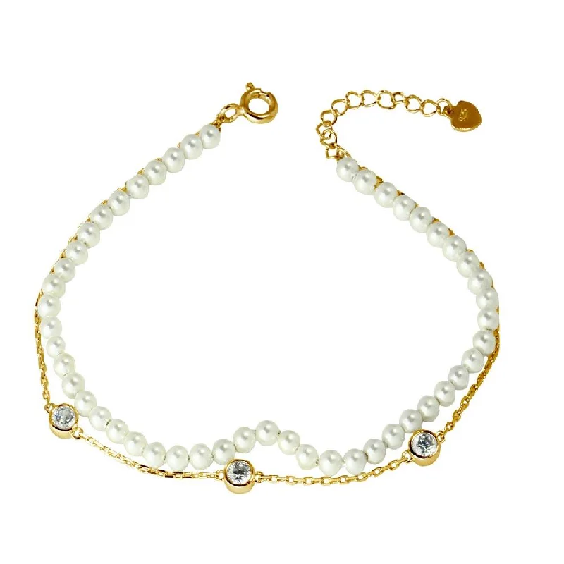 Gold Plated 925 Sterling Silver Double Strand Synthetic Pearl with CZ - GMB00054GP