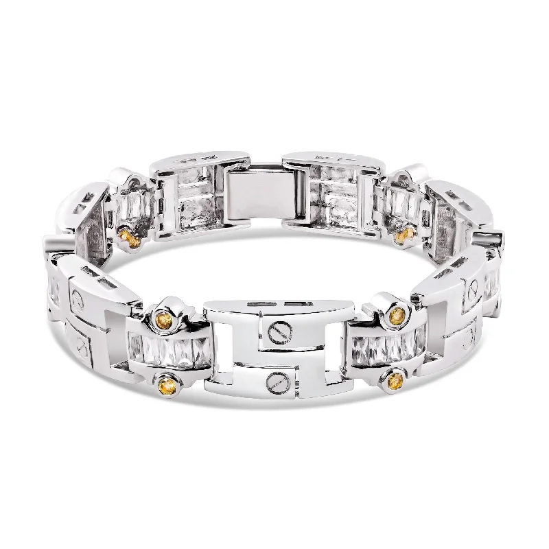 Men's Rhodium Plated 925 Sterling Silver Link Clear YLW CZ Bracelet - STBM0004