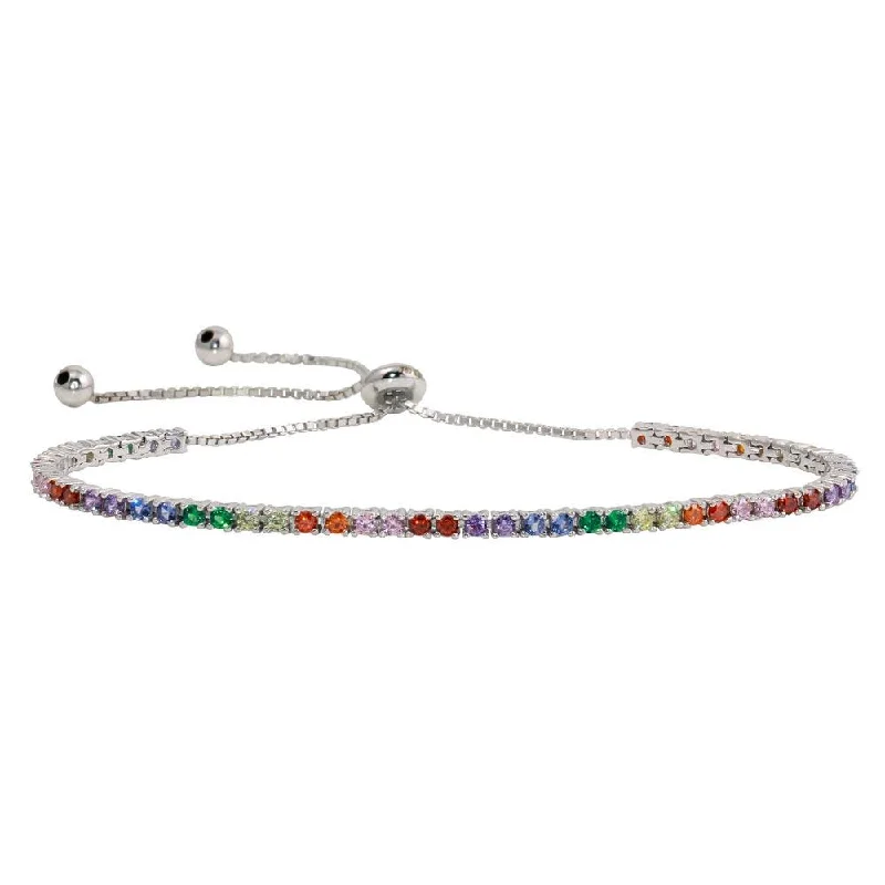 Rhodium Plated 925 Sterling Silver Multi-Colored CZ Tennis Bracelet - STB00534RB