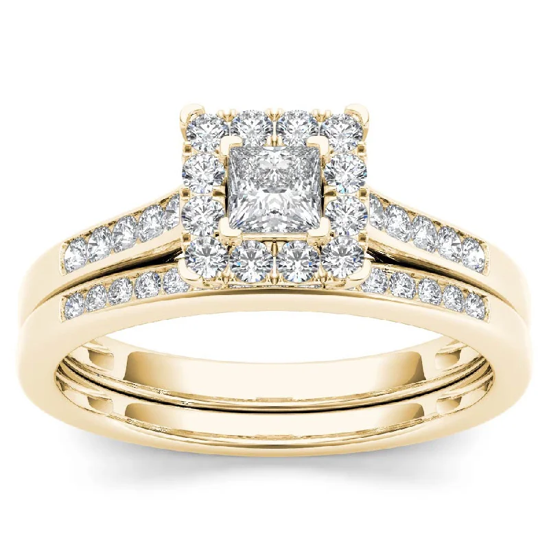 De Couer 10k Yellow Gold 1/2ct TDW Diamond Halo Engagement Ring Set with One Band