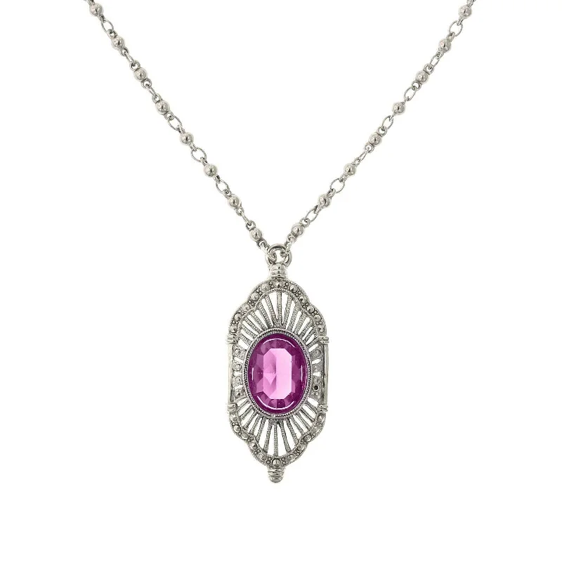 2028 Jewelry Fuchsia Pink Stone Faux Marcasite Deco Pendant Necklace 16" + 3" Extender