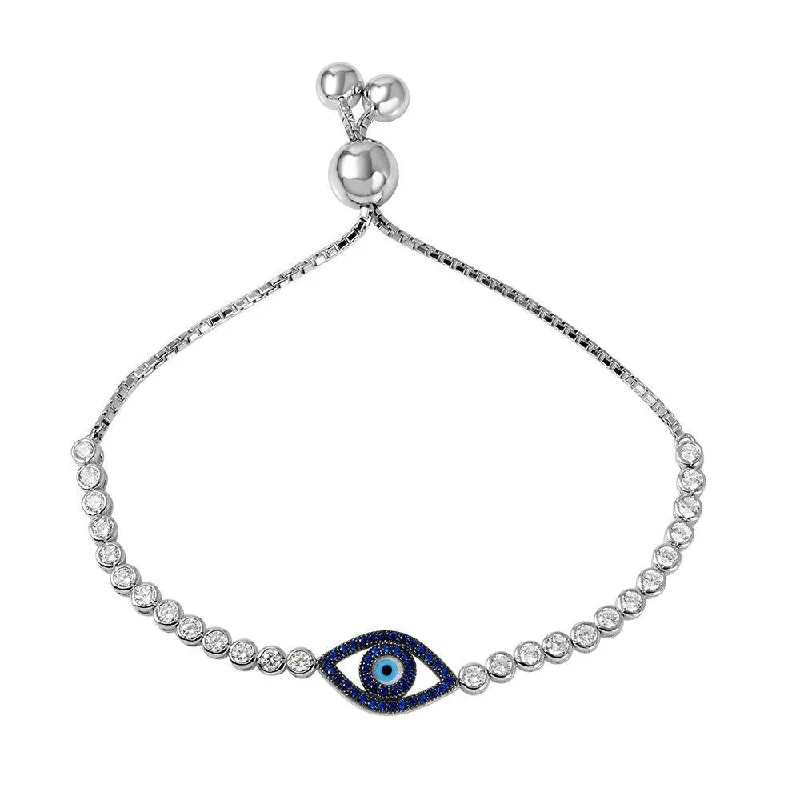 Silver 925 Rhodium Plated Blue CZ Evil Eye Bracelet - GMB00038B-S