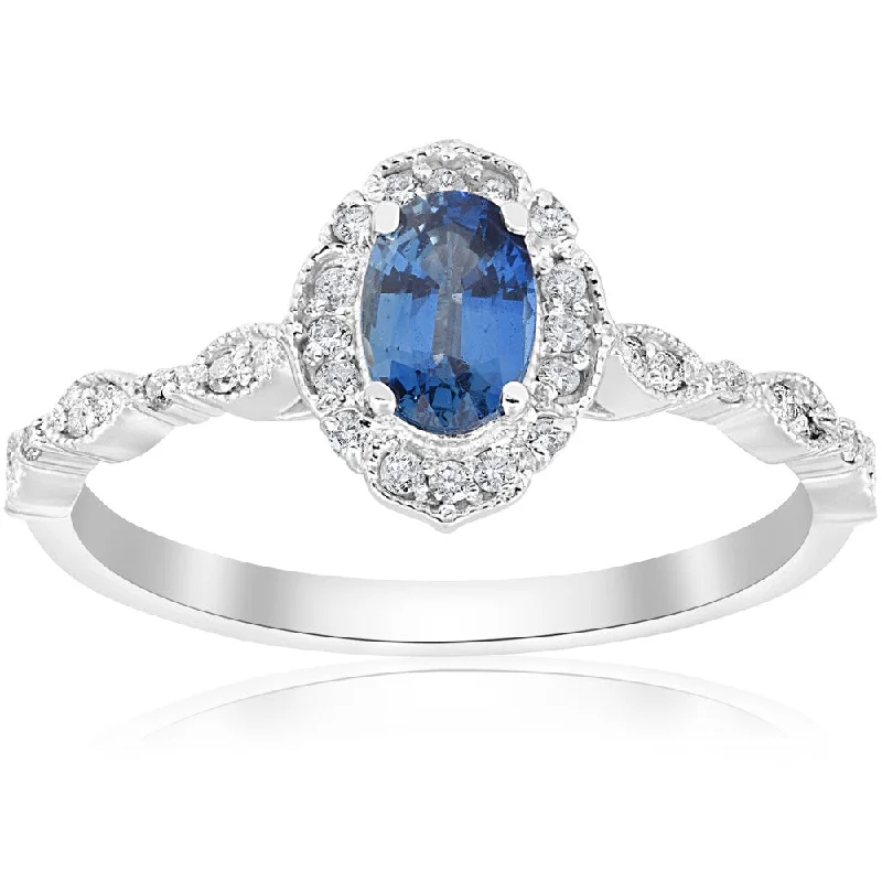 14K White Gold 3/4 ct TDW Blue Sapphire & White Diamond Vintage Halo Antique Filigree Engagement Ring (I-J,I2-I3)