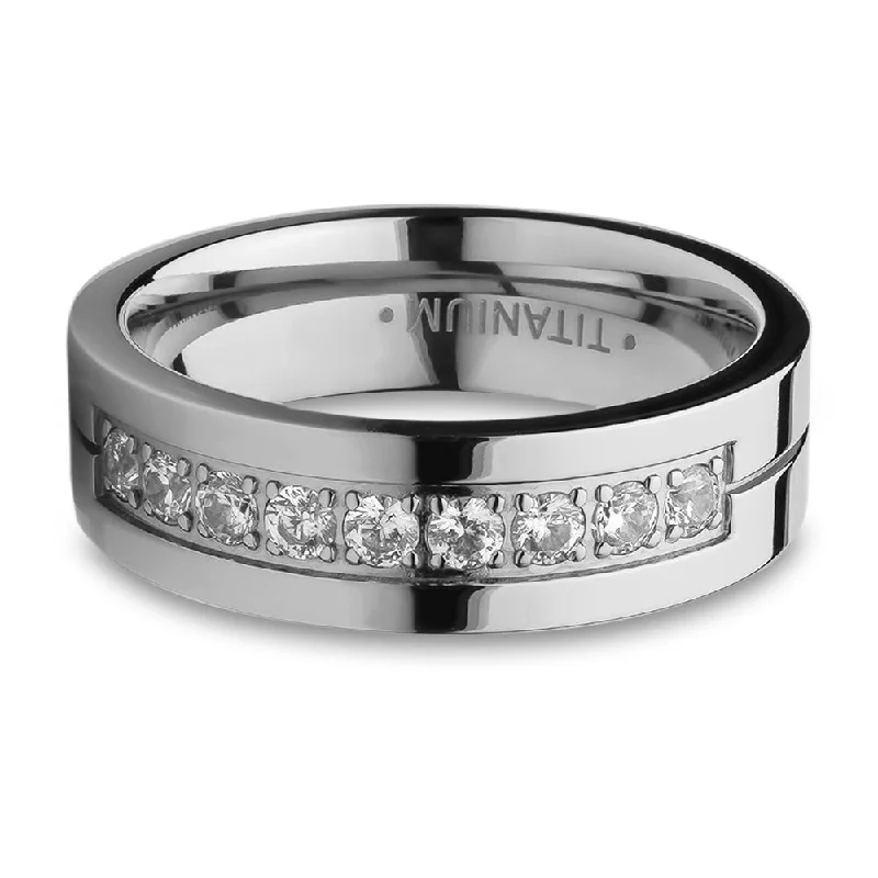 6Mm Titanium Wedding Ring With Cz Inlay Comfort Fit Engagement Ring - Silver