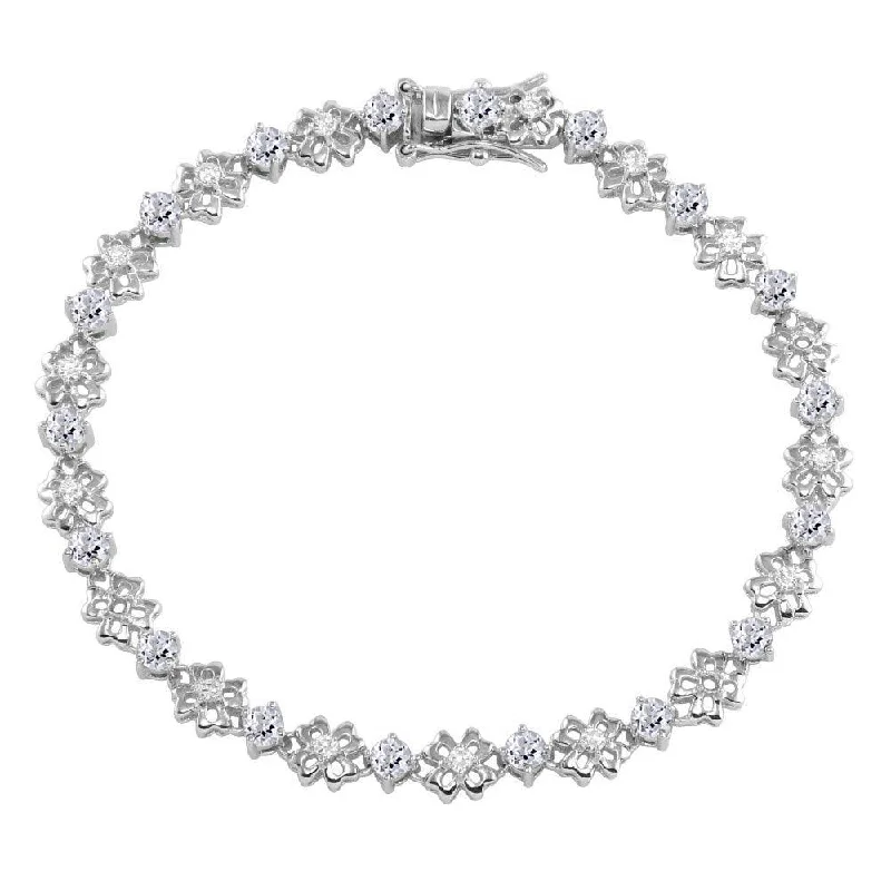 Rhodium Plated 925 Sterling Silver Flower Link  Bracelet with Clear CZ - BGB00304CLR