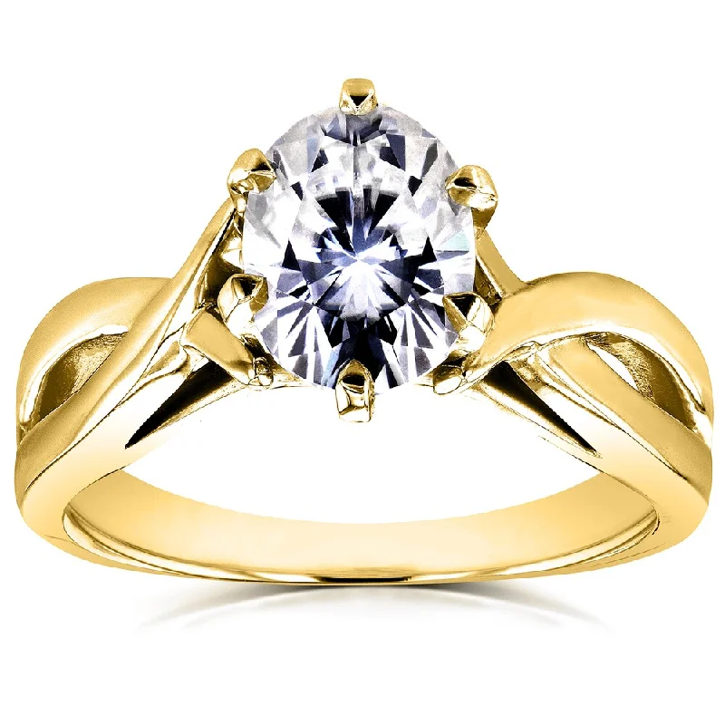 Annello by Kobelli 14k Yellow Gold 1 1/2ct Oval Forever One Moissanite Solitaire Crossover Engagement Ring (DEF/VS)