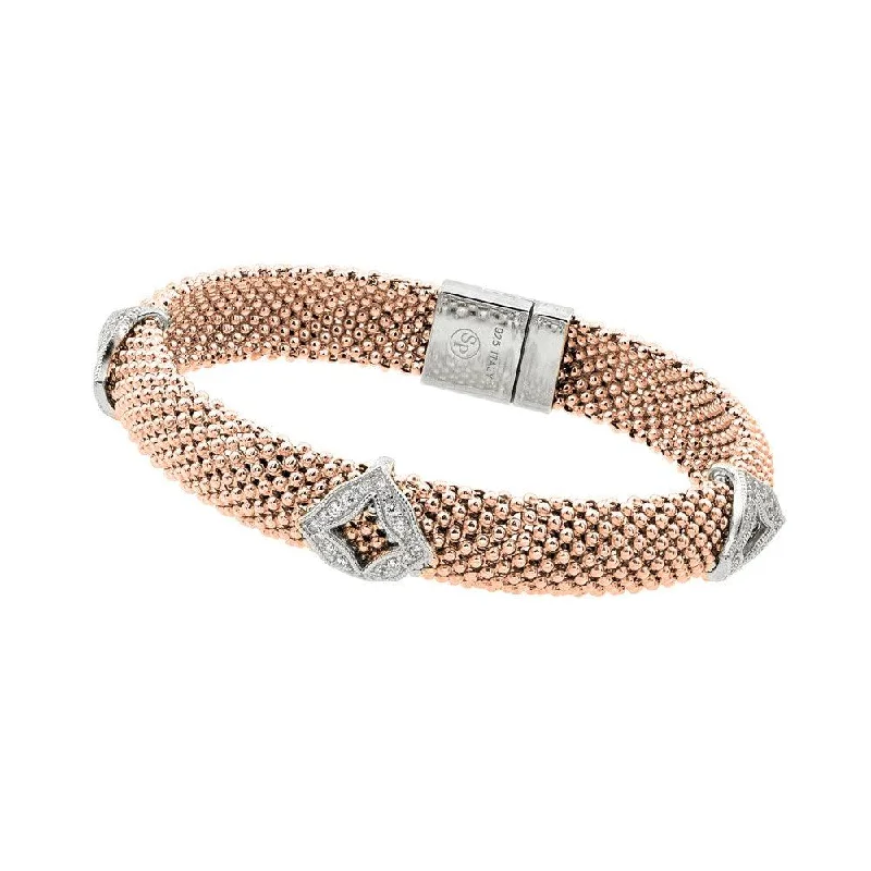 Clearance-Silver 925 Rose Gold Plated Micro Pave Diagonal Square Clear CZ Beaded Italian Bracelet - PSB00004RGP