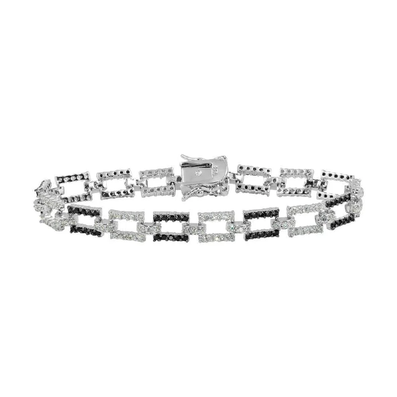 Rhodium Plated 925 Sterling Silver Rectangle Link Bracelet with CZ - BGB00013