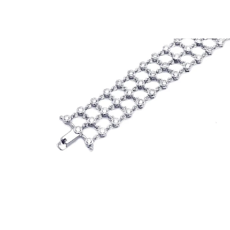 Clearance-Silver 925 Rhodium Plated Clear CZ Open Square Link Bracelet - STB00082