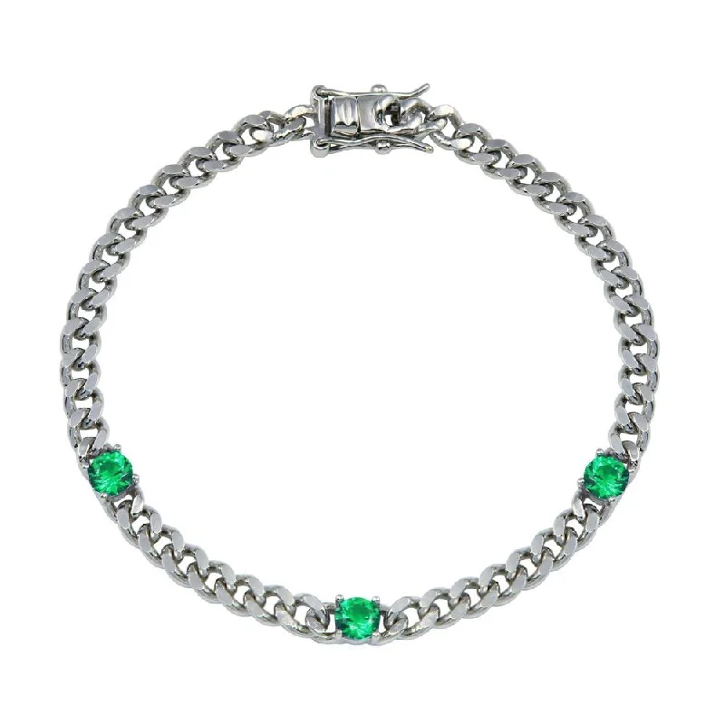 925 Sterling Silver Green CZ Curb Link Bracelet - BGB00357GRN